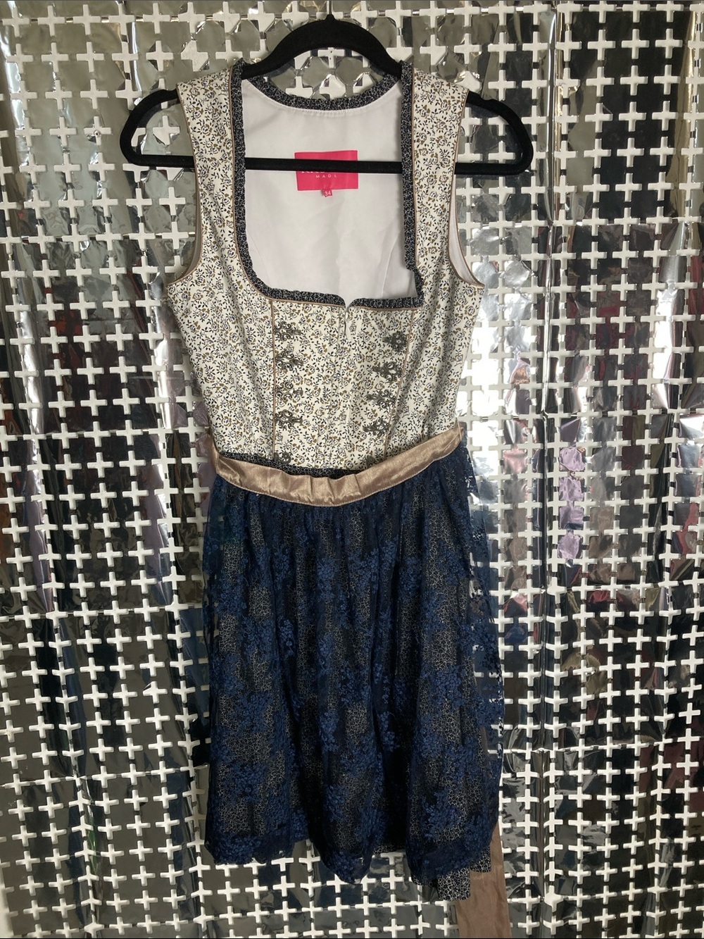 Kruger Ivory Floral Bodice with Navy Lace and Gold Sash Mini Dress